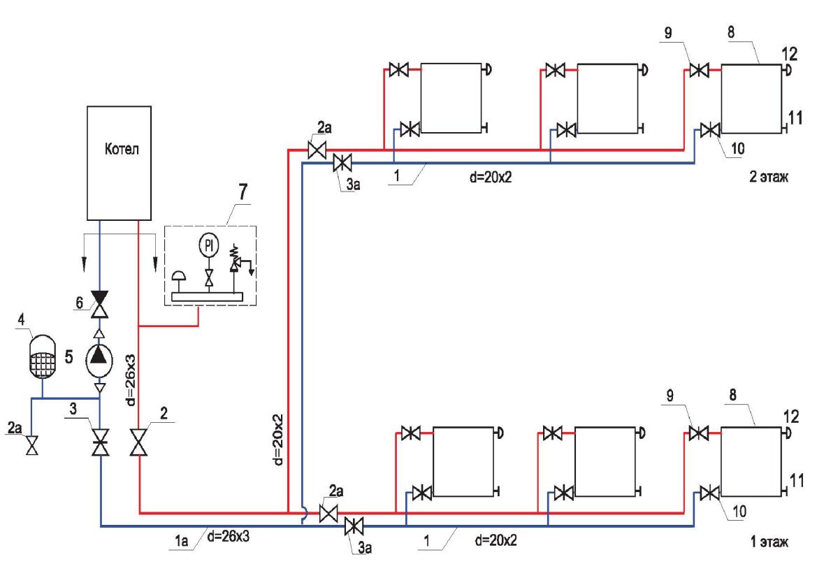 Схема отопления 2 этажного дома 2